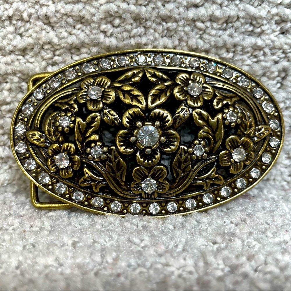 Western Brass (?) Floral Rhinestone Open Work Cowgirl Vintage 90s Belt Buckle